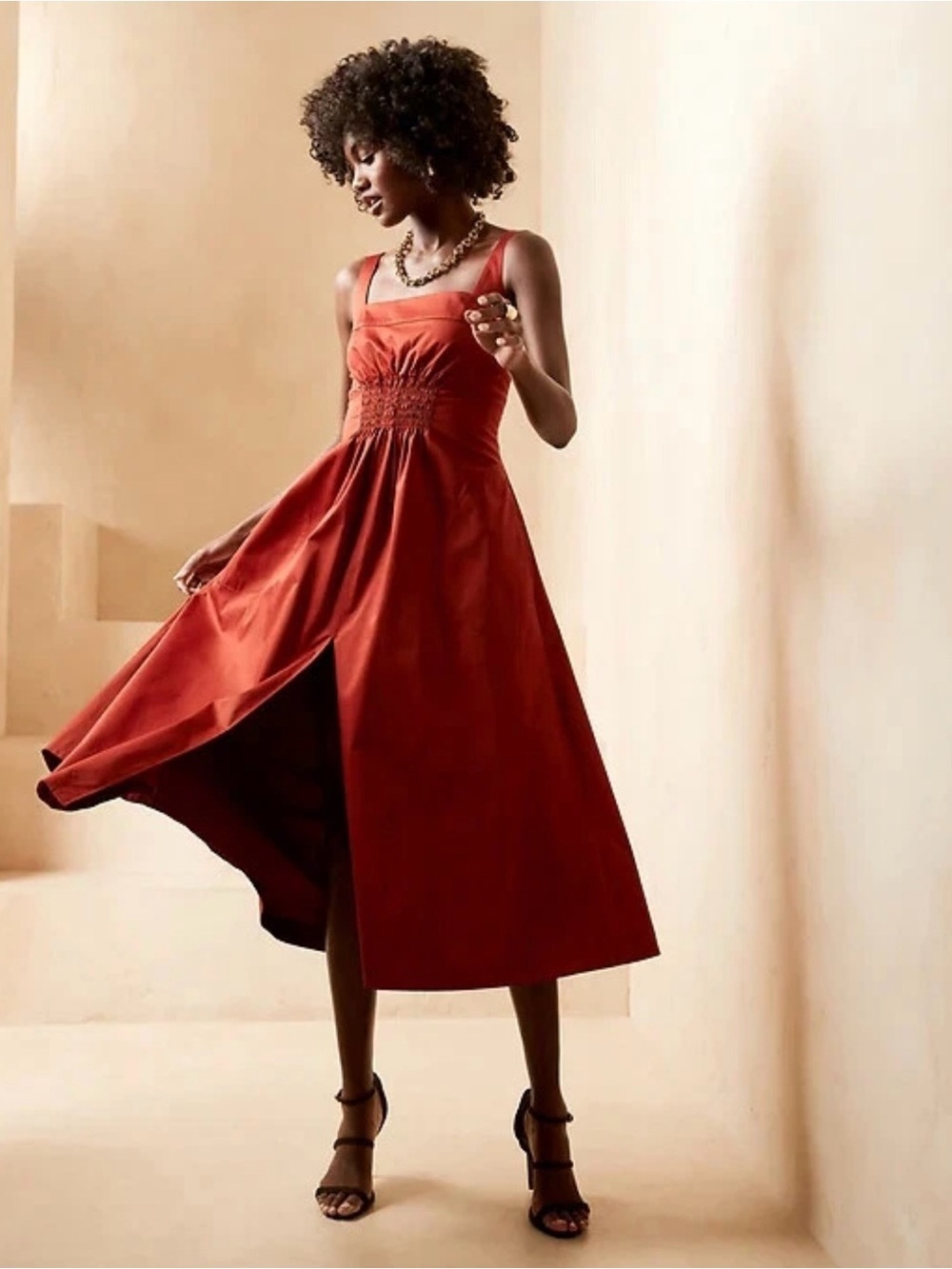 NWT Banana Republic x Harbison Smocked Apron Midi Dress, Sleeveless, Red Clay, 8 - Picture 1 of 16